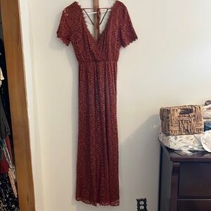 Elegant Lace V-Neck Dress in Rust
